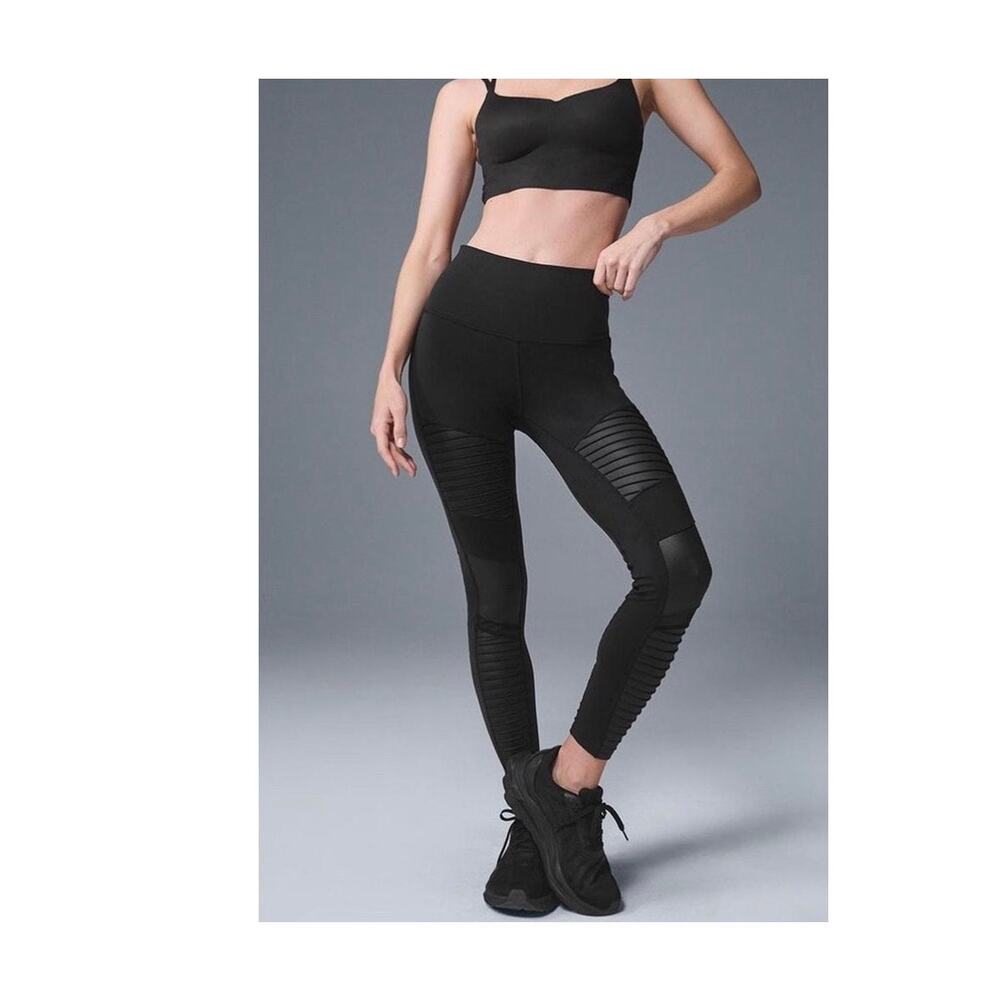 Alo Yoga High Waist Moto Leggings Black Black Glossy Size S - Picture 2 of 5